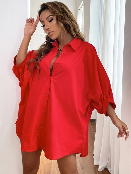 CM-TS421169 Women Casual Seoul Style Dolman Sleeve Button Up Blouse - Red