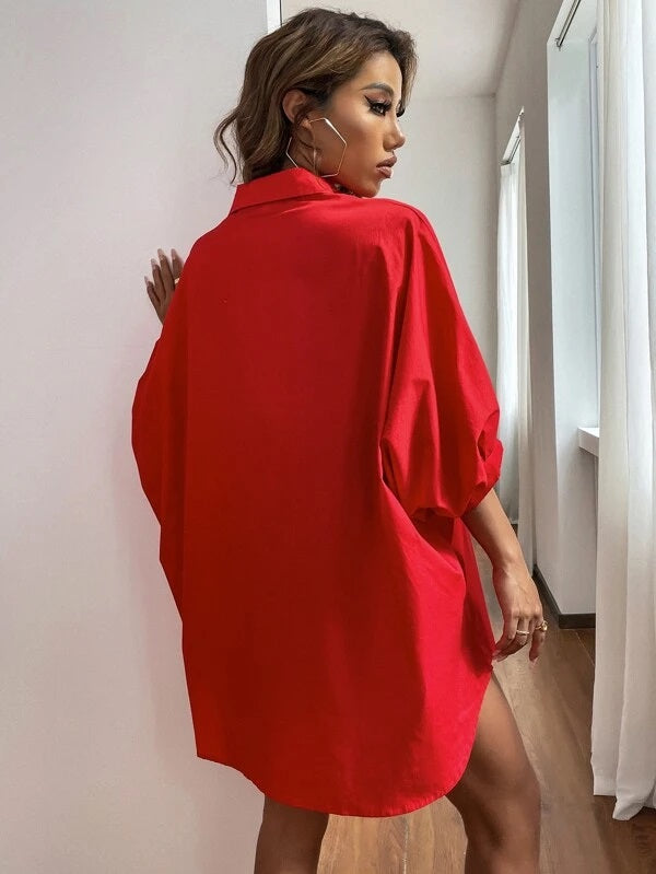 CM-TS421169 Women Casual Seoul Style Dolman Sleeve Button Up Blouse - Red