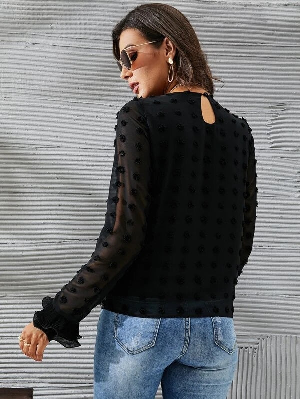 CM-TS091516 Women Elegant Seoul Style Swiss Dot Ruffle Trim Flounce Sleeve Blouse