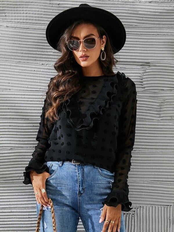 CM-TS091516 Women Elegant Seoul Style Swiss Dot Ruffle Trim Flounce Sleeve Blouse