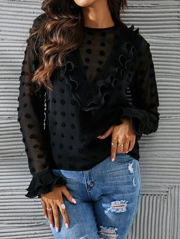 CM-TS091516 Women Elegant Seoul Style Swiss Dot Ruffle Trim Flounce Sleeve Blouse