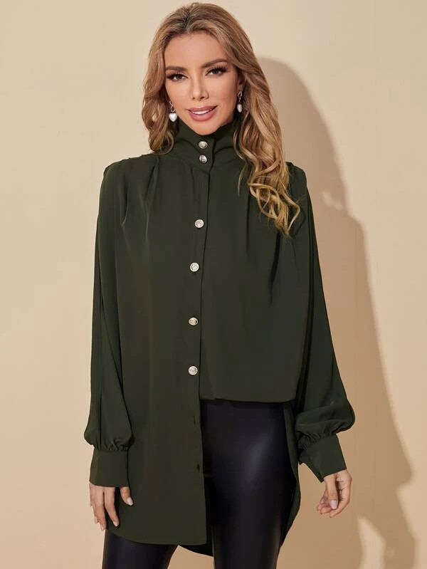 CM-TS200009 Women Elegant Seoul Style Bishop Sleeve Button Up High Neck Blouse - Army Green