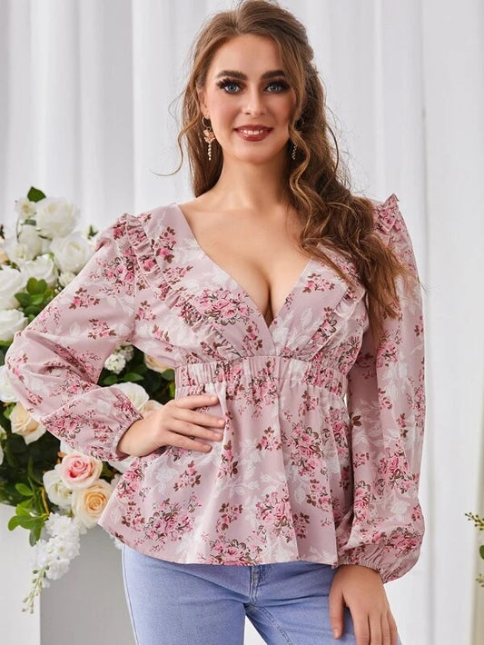 CM-TS588804 Women Trendy Bohemian Style Floral Print Tie Back Lantern Sleeve Peplum Blouse