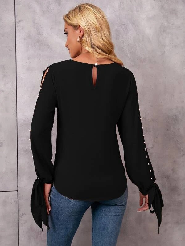 CM-TS259677 Women Casual Seoul Style Pearl Beaded Tie Cuff Slit Sleeve Blouse - Black