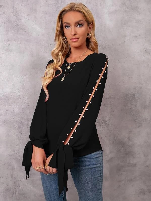 CM-TS259677 Women Casual Seoul Style Pearl Beaded Tie Cuff Slit Sleeve Blouse - Black