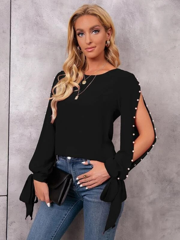 CM-TS259677 Women Casual Seoul Style Pearl Beaded Tie Cuff Slit Sleeve Blouse - Black
