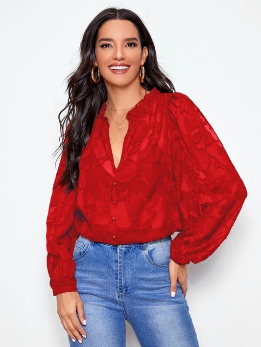 CM-TS877887 Women Casual Seoul Style Ruffle Trim Buttoned Front Appliques Mesh Top - Red