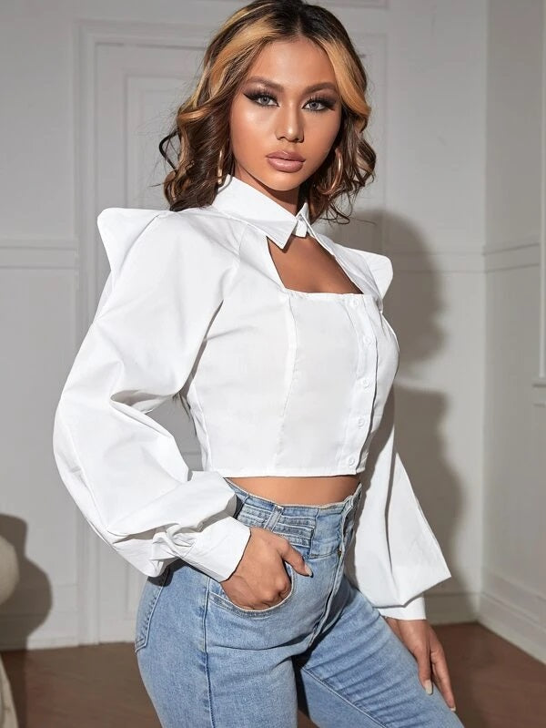 CM-TS411857 Women Casual Seoul Style Cut Out Puff Sleeve Crop Blouse - White