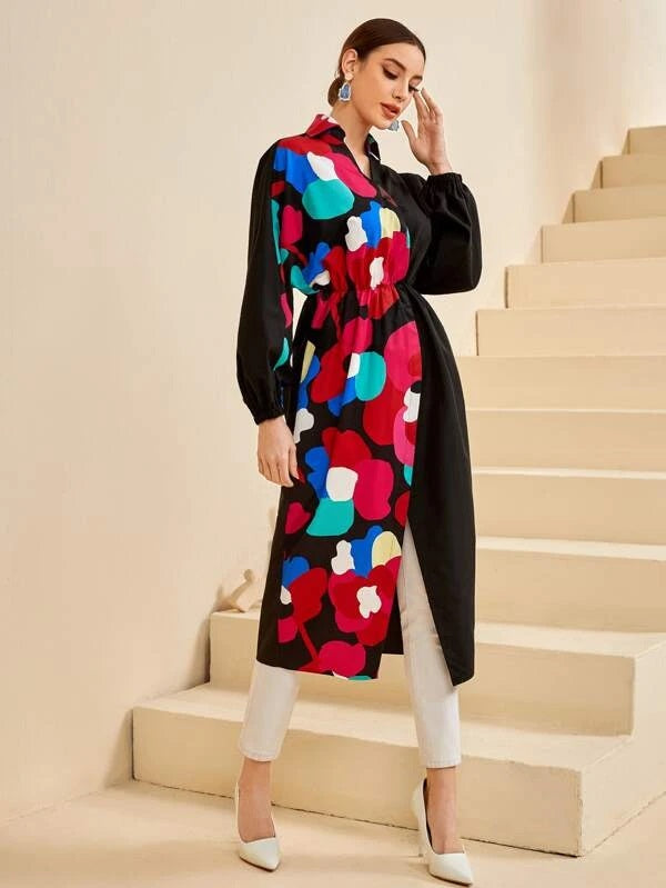 CM-TS126411 Women Casual Seoul Style Collar Neckline Graphic Print Longline Blouse