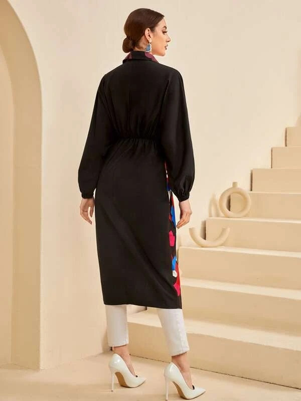 CM-TS126411 Women Casual Seoul Style Collar Neckline Graphic Print Longline Blouse