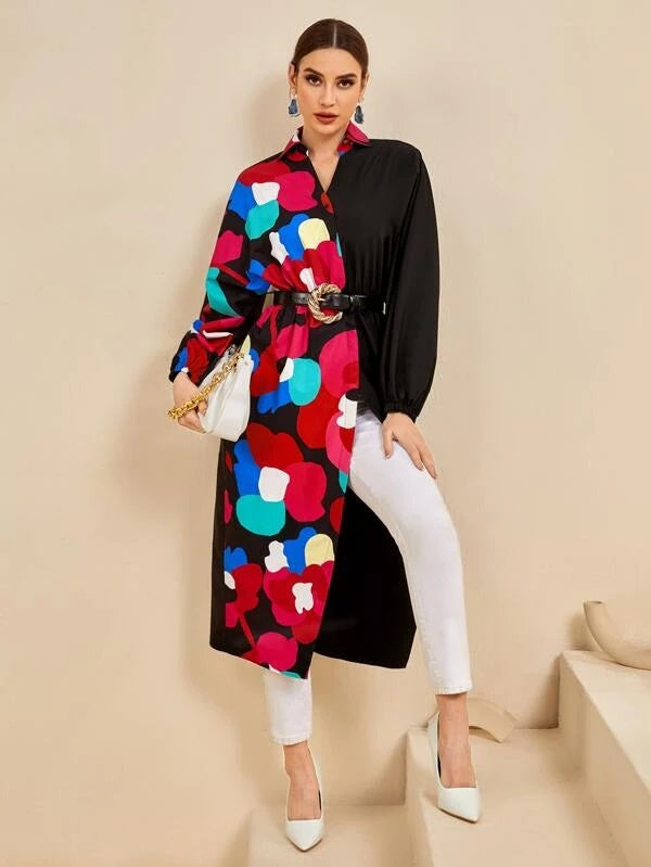 CM-TS126411 Women Casual Seoul Style Collar Neckline Graphic Print Longline Blouse