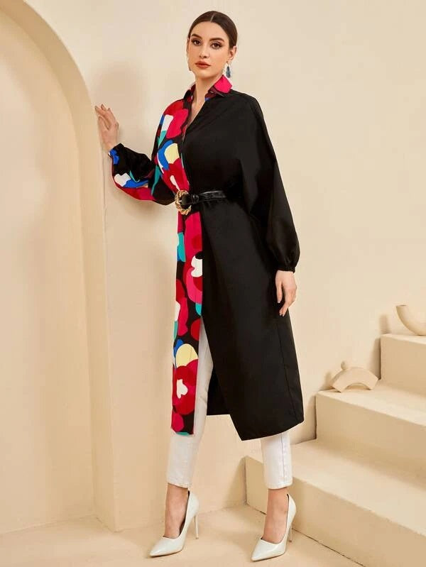 CM-TS126411 Women Casual Seoul Style Collar Neckline Graphic Print Longline Blouse