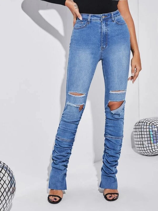 CM-BS806903 Women Casual Seoul Style High Waist Ripped Stacked Jeans