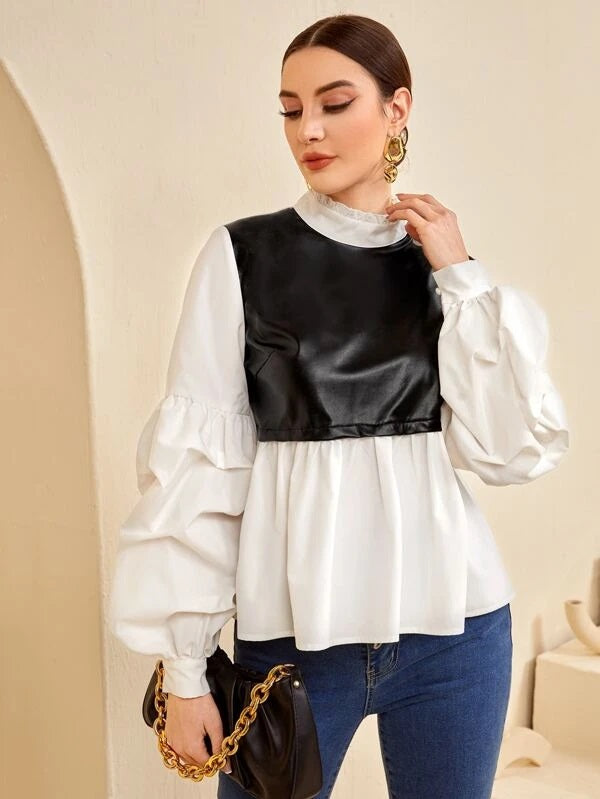 CM-TS234193 Women Elegant Seoul Style Bishop Sleeve Ruffle Hem Spliced Blouse