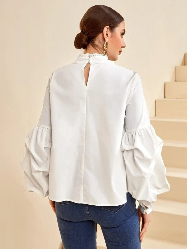 CM-TS234193 Women Elegant Seoul Style Bishop Sleeve Ruffle Hem Spliced Blouse