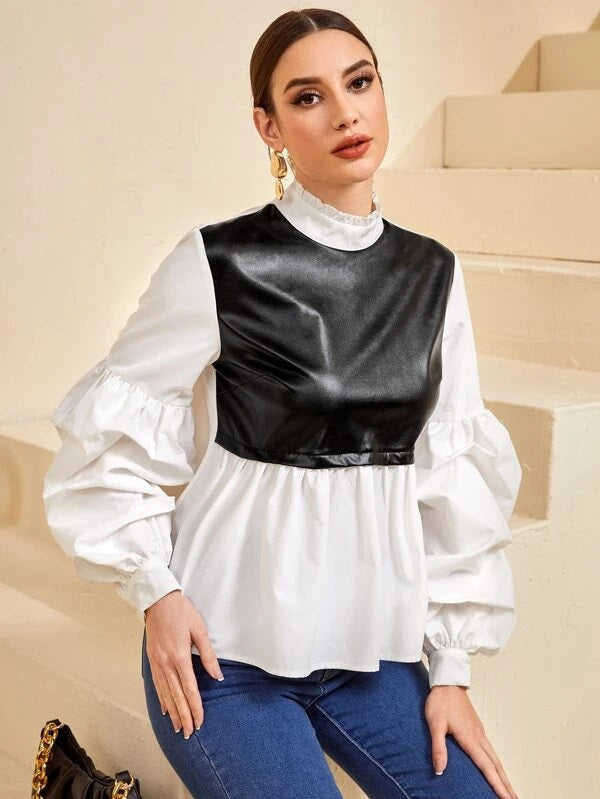 CM-TS234193 Women Elegant Seoul Style Bishop Sleeve Ruffle Hem Spliced Blouse