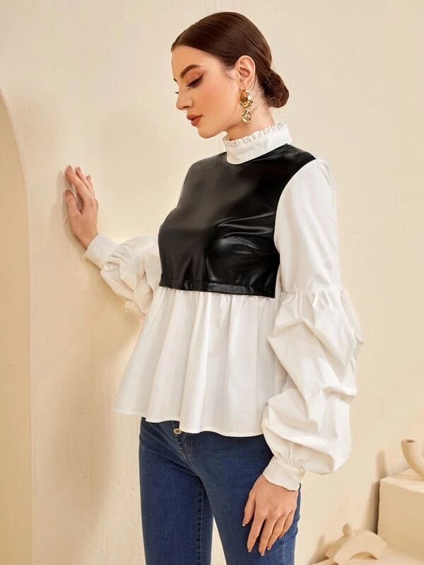CM-TS234193 Women Elegant Seoul Style Bishop Sleeve Ruffle Hem Spliced Blouse