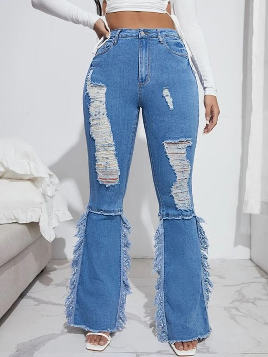 CM-BS404282 Women Casual Seoul Style Ripped Fringe Detail Raw Hem Flare Leg Jeans