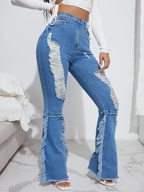 CM-BS404282 Women Casual Seoul Style Ripped Fringe Detail Raw Hem Flare Leg Jeans