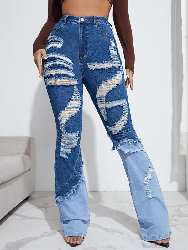 CM-BS884242 Women Casual Seoul Style High Waist Ripped Flare Leg Jeans