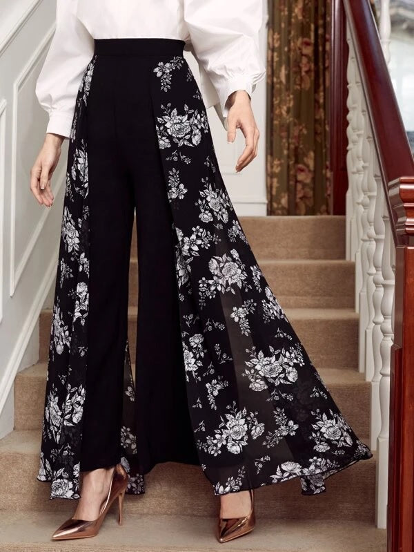 CM-BS453115 Women Elegant Seoul Style Floral Print Overlay Flare Leg Pants