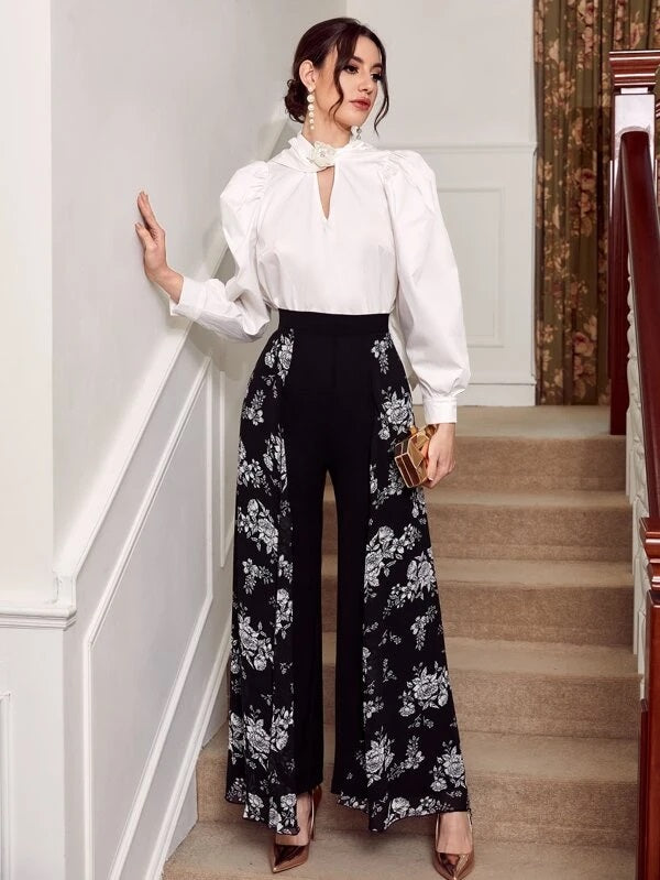 CM-BS453115 Women Elegant Seoul Style Floral Print Overlay Flare Leg Pants