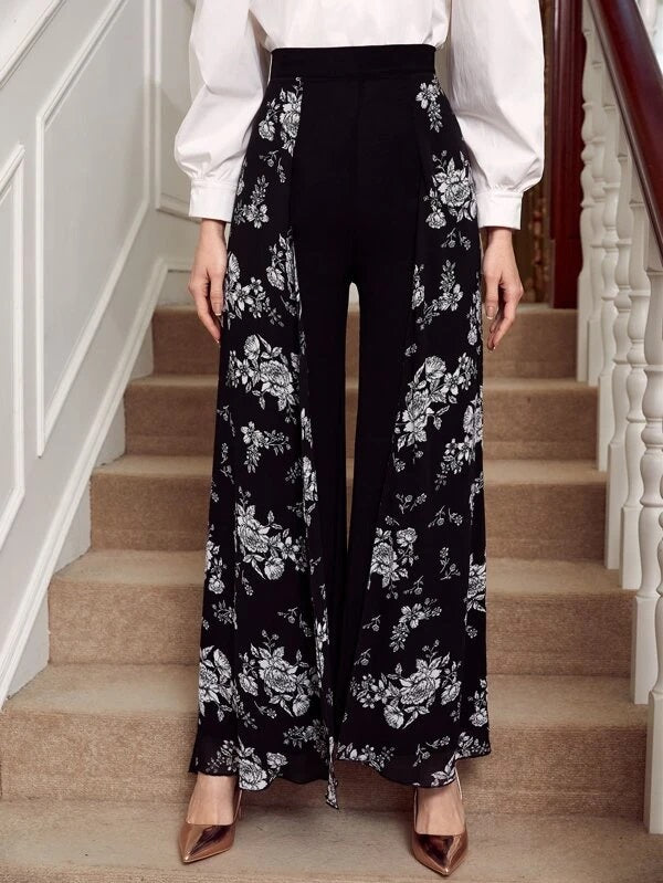 CM-BS453115 Women Elegant Seoul Style Floral Print Overlay Flare Leg Pants