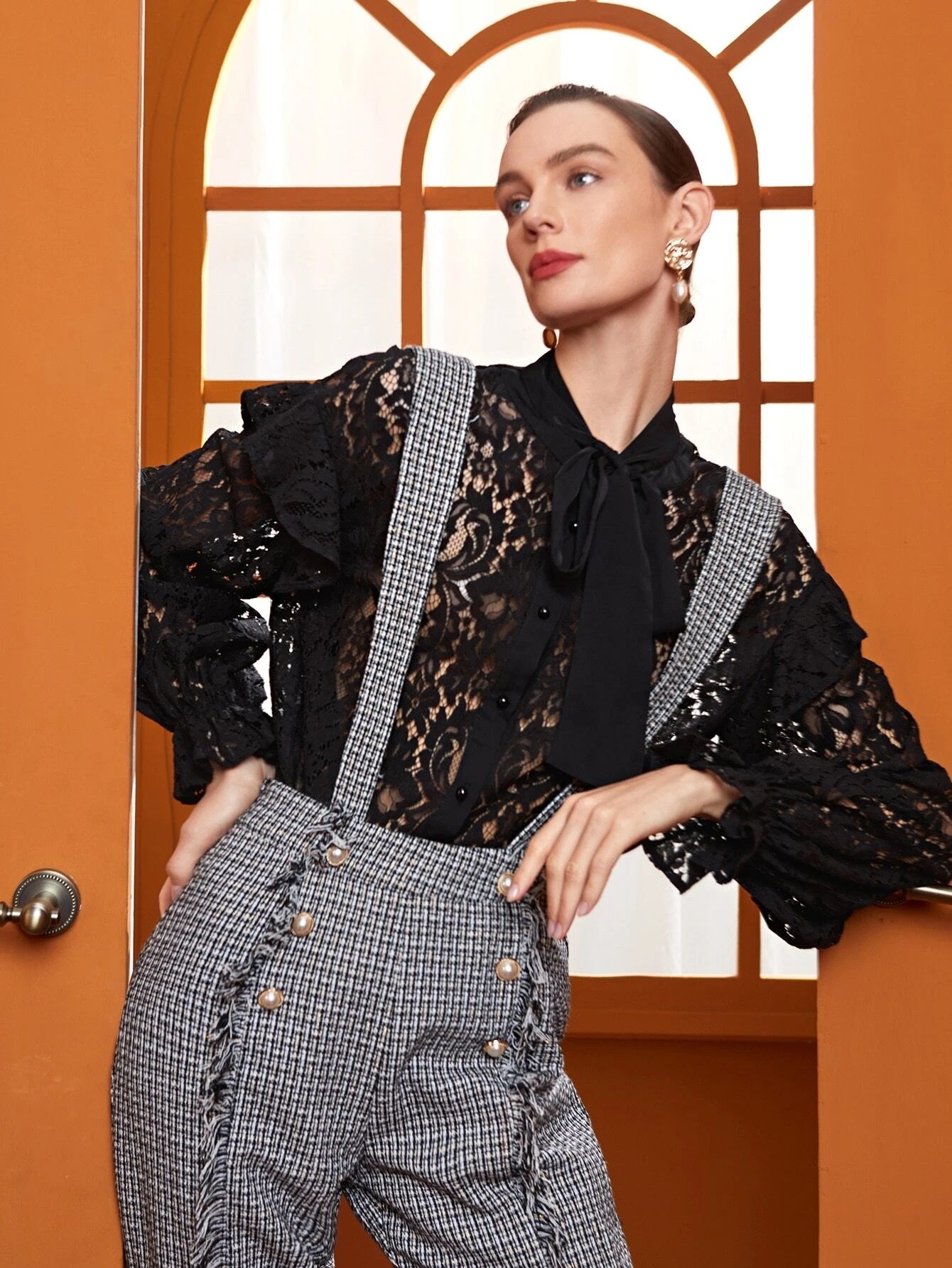 CM-TS299728 Women Elegant Seoul Style Tie Neck Bell Sleeve Lace Blouse - Black