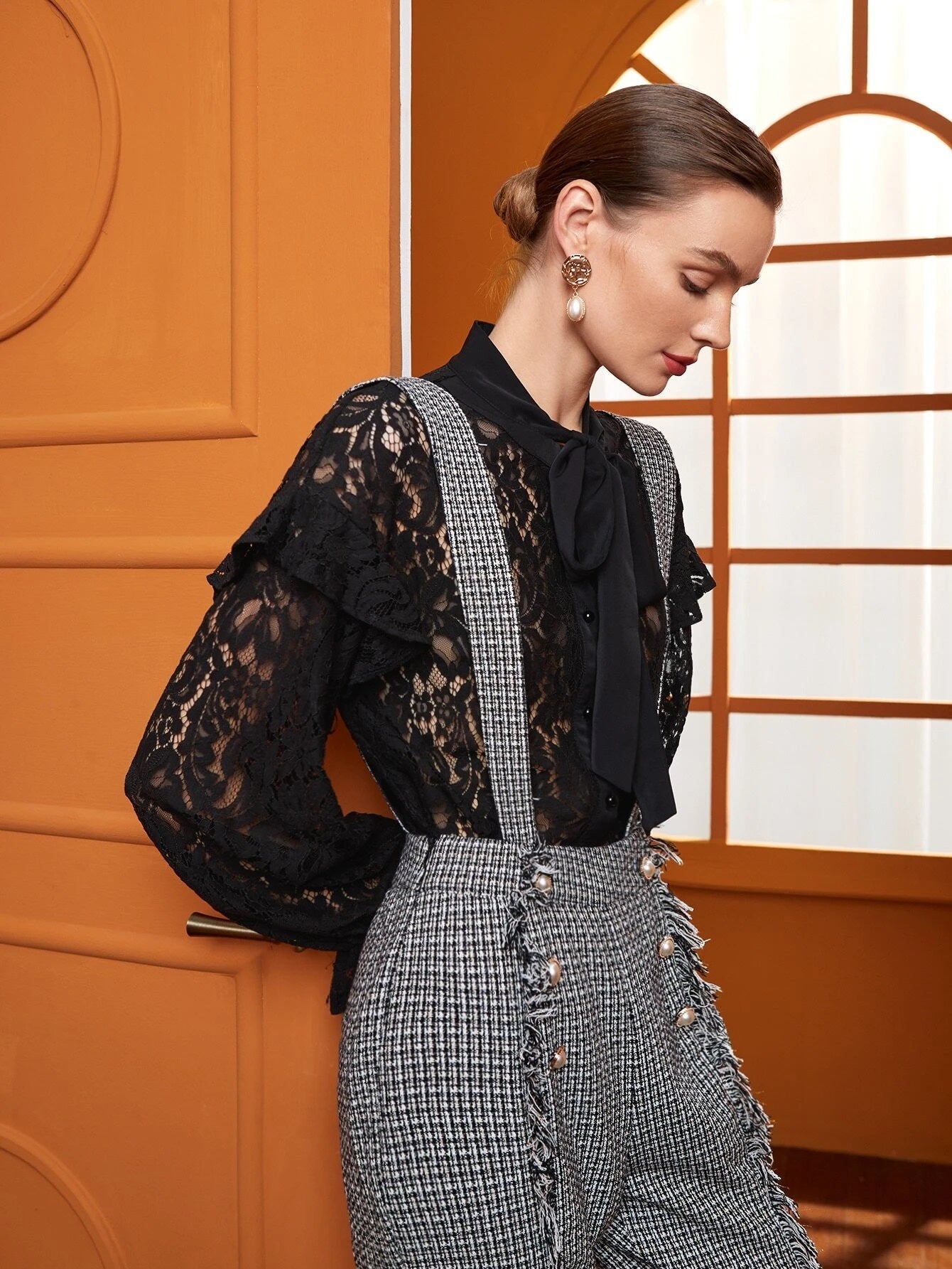 CM-TS299728 Women Elegant Seoul Style Tie Neck Bell Sleeve Lace Blouse - Black