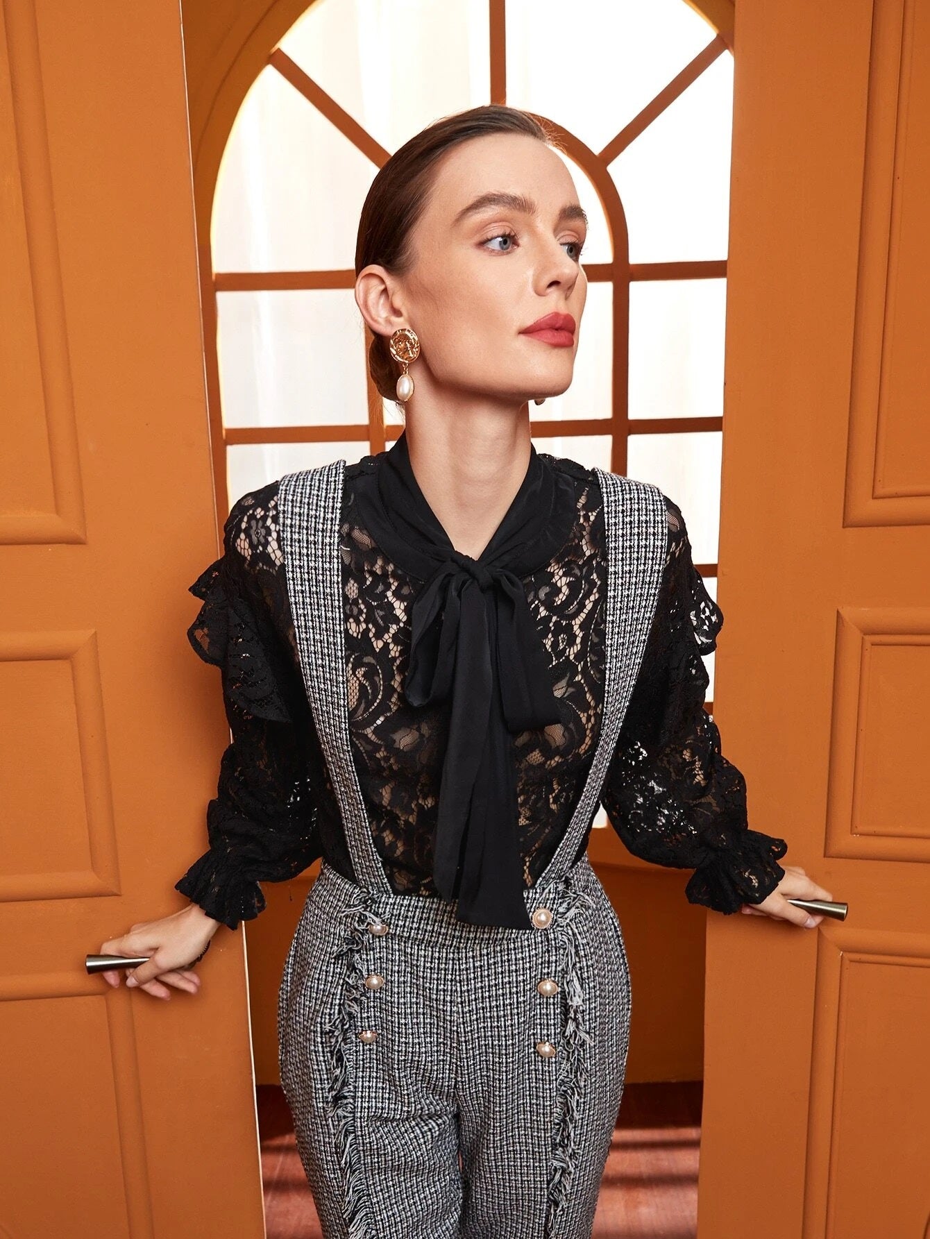 CM-TS299728 Women Elegant Seoul Style Tie Neck Bell Sleeve Lace Blouse - Black