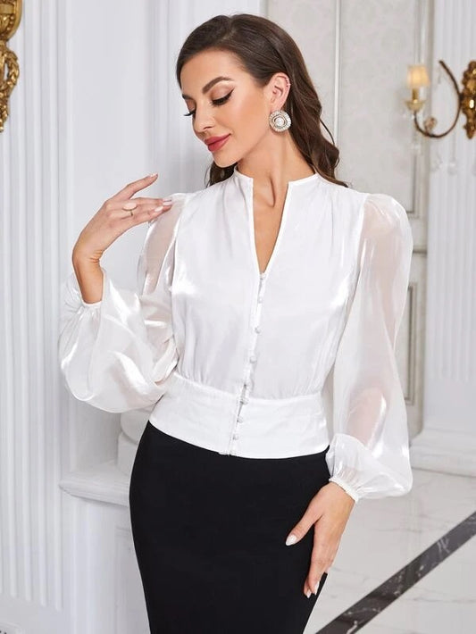 CM-TS354558 Women Elegant Seoul Style Button Front Lantern Sleeve Blouse - White