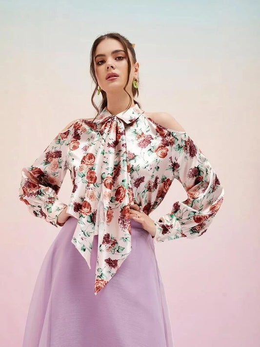 CM-TS382263 Women Elegant Seoul Style Tie Neck Cold Shoulder Floral Print Blouse