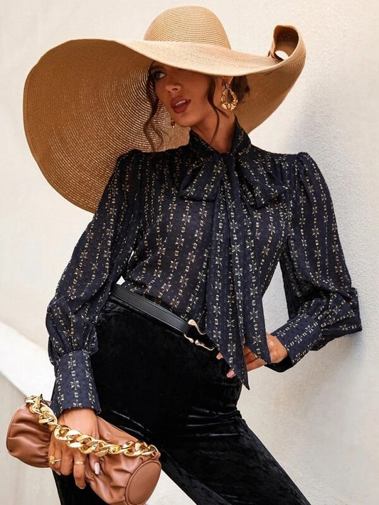 CM-TS925663 Women Casual Seoul Style Allover Print Bishop Sleeve Tie Neck Chiffon Blouse