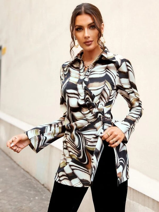 CM-TS072333 Women Casual Seoul Style Allover Print Fold Pleated Split Hem Blouse