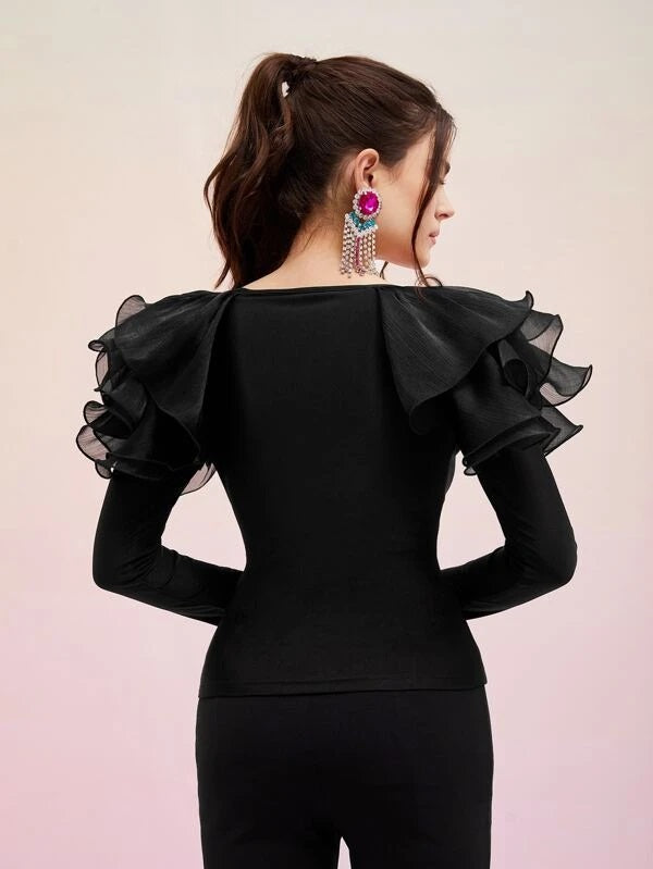 CM-TS295884 Women Elegant Seoul Style Solid Wrap Detail Layered Tee - Black