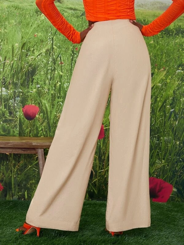 CM-BS391362 Women Casual Seoul Style Grommet Lace Up Wide Leg Pants - Beige