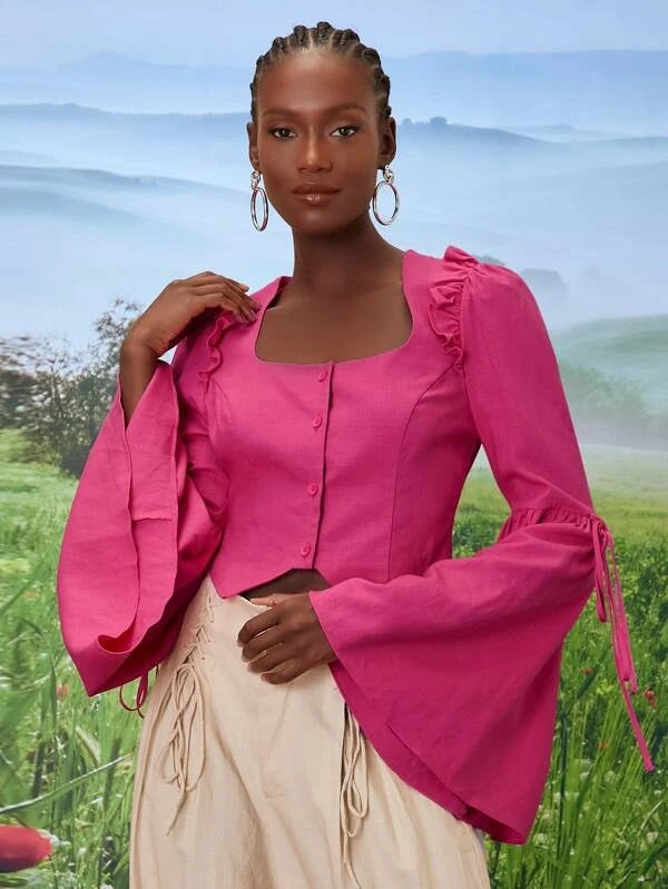 CM-TS110244 Women Elegant Seoul Style Flounce Sleeve Button Front Blouse - Hot Pink