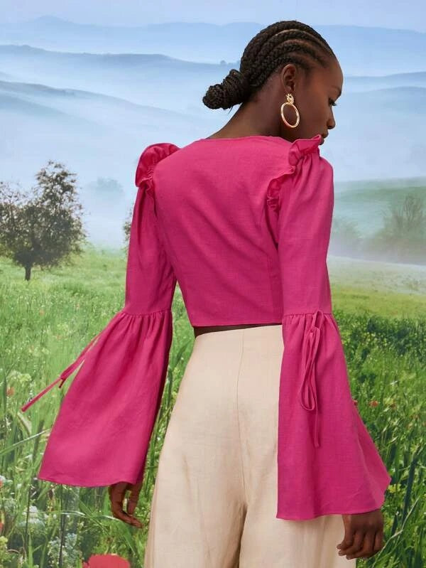 CM-TS110244 Women Elegant Seoul Style Flounce Sleeve Button Front Blouse - Hot Pink