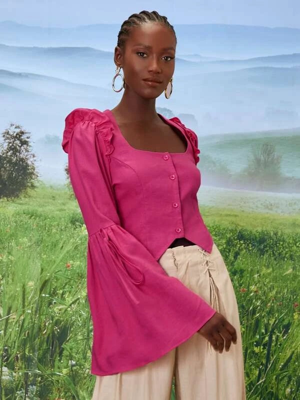 CM-TS110244 Women Elegant Seoul Style Flounce Sleeve Button Front Blouse - Hot Pink