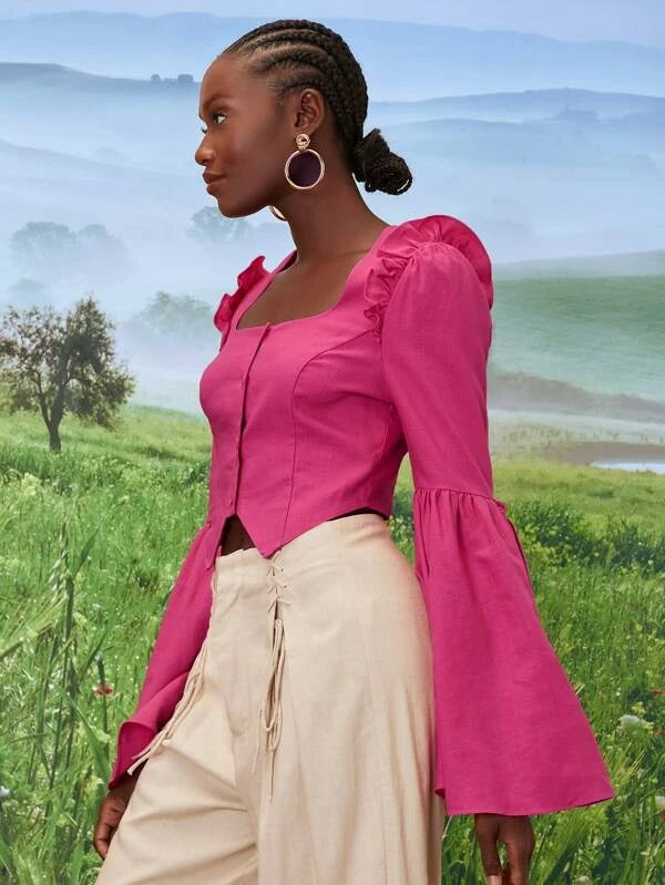 CM-TS110244 Women Elegant Seoul Style Flounce Sleeve Button Front Blouse - Hot Pink