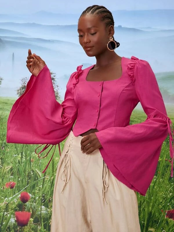 CM-TS110244 Women Elegant Seoul Style Flounce Sleeve Button Front Blouse - Hot Pink