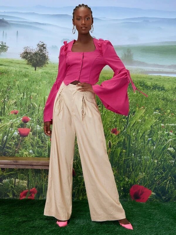 CM-TS110244 Women Elegant Seoul Style Flounce Sleeve Button Front Blouse - Hot Pink