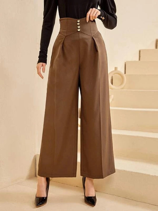 CM-BS084088 Women Elegant Seoul Style High Waisted Solid Wide Leg Pants - Brown