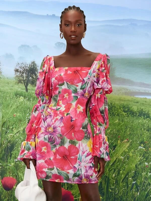 CM-DS273134 Women Elegant Seoul Style Floral Print Shirred Detail Flounce Sleeve Dress