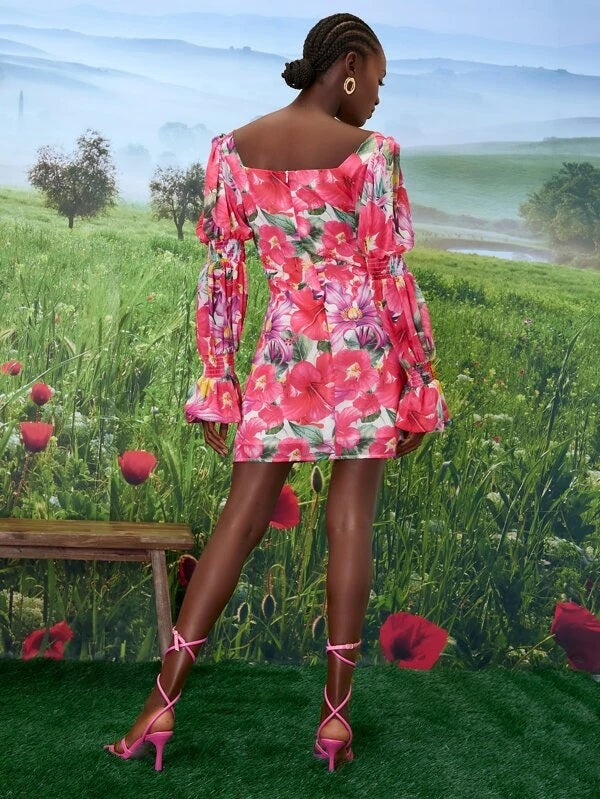 CM-DS273134 Women Elegant Seoul Style Floral Print Shirred Detail Flounce Sleeve Dress