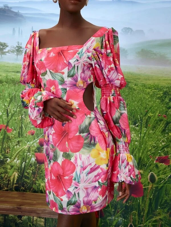 CM-DS273134 Women Elegant Seoul Style Floral Print Shirred Detail Flounce Sleeve Dress