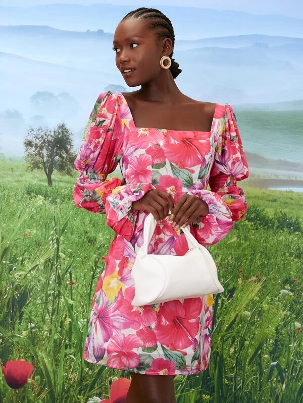 CM-DS273134 Women Elegant Seoul Style Floral Print Shirred Detail Flounce Sleeve Dress