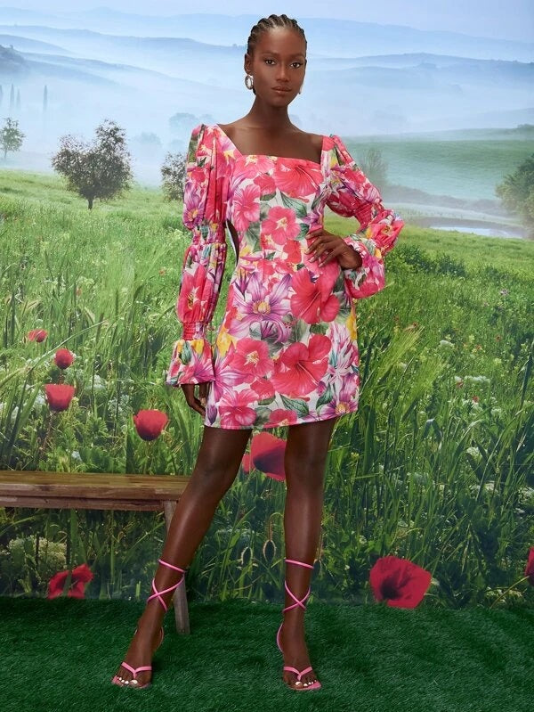 CM-DS273134 Women Elegant Seoul Style Floral Print Shirred Detail Flounce Sleeve Dress