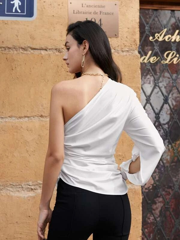 CM-TS120212 Women Elegant Seoul Style One Shoulder Lantern Sleeve Ruched Top