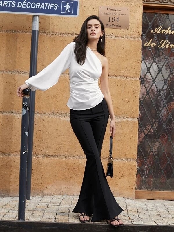 CM-TS120212 Women Elegant Seoul Style One Shoulder Lantern Sleeve Ruched Top